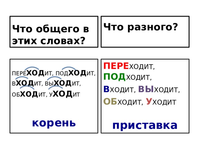 Что разного? Что общего в этих словах?  ПЕРЕ ХОДИТ, ПОД ХОДИТ, В ХОДИТ, ВЫ ХОДИТ, ПЕРЕ ХОД ИТ, ПОД ХОД ИТ, ОБ ХОДИТ, У ХОДИТ В ХОД ИТ, ВЫ ХОД ИТ, ОБ ХОД ИТ, У ХОД ИТ приставка корень 