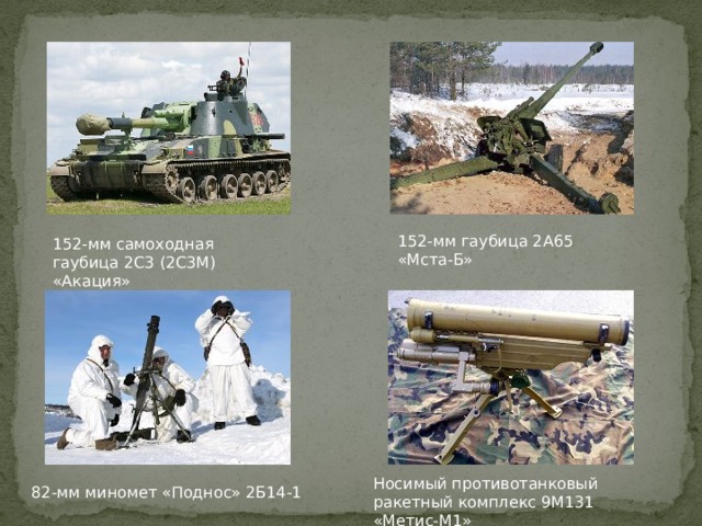 152-мм гаубица 2А65 «Мста-Б» 152-мм самоходная гаубица 2С3 (2С3М) «Акация» Носимый противотанковый ракетный комплекс 9М131 «Метис-М1» 82-мм миномет «Поднос» 2Б14-1 