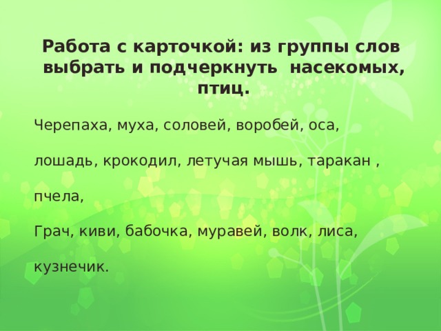 Работа с карточкой: из группы слов выбрать и подчеркнуть насекомых, птиц.  Черепаха, муха, соловей, воробей, оса, лошадь, крокодил, летучая мышь, таракан , пчела, Грач, киви, бабочка, муравей, волк, лиса, кузнечик. 