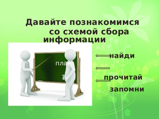   план  Давайте познакомимся  со схемой сбора информации найди  прочитай  запомни 