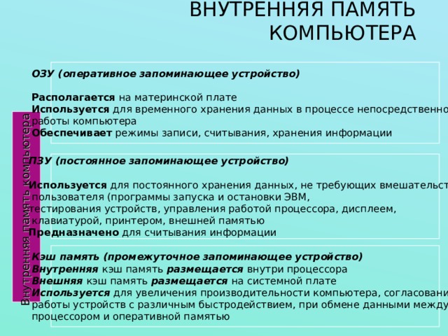 ВНУТРЕННЯЯ ПАМЯТЬ КОМПЬЮТЕРА Внутренняя память компьютера  ОЗУ (оперативное запоминающее устройство)  Располагается на материнской плате Используется для временного хранения данных в процессе непосредственной работы компьютера Обеспечивает режимы записи, считывания, хранения информации ПЗУ (постоянное запоминающее устройство)  Используется для постоянного хранения данных, не требующих вмешательства  пользователя (программы запуска и остановки ЭВМ, тестирования устройств, управления работой процессора, дисплеем,  клавиатурой, принтером, внешней памятью Предназначено для считывания информации Кэш память (промежуточное запоминающее устройство) Внутренняя кэш память размещается внутри процессора Внешняя кэш память размещается на системной плате Используется для увеличения производительности компьютера, согласования работы устройств с различным быстродействием, при обмене данными между процессором и оперативной памятью 