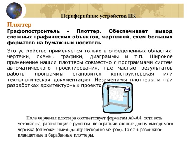 Периферийные устройства ПК Плоттер Графопостроитель - Плоттер. Обеспечивает вывод сложных графических объектов, чертежей, схем больших форматов на бумажный носитель Это устройство применяется только в определенных областях: чертежи, схемы, графики, диаграммы и т.п. Широкое применение нашли плоттеры совместно с программами систем автоматического проектирования, где частью результатов работы программы становится конструкторская или технологическая документация. Незаменимы плоттеры и при разработках архитектурных проектов.  Поле черчения плоттера соответствует форматам А0-А4, хотя есть устройства, работающие с рулоном не ограничивающие длину выводимого чертежа (он может иметь длину несколько метров). То есть различают планшетные и барабанные плоттеры. 