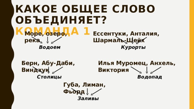 Какое общее слово объединяет? Команда 1 Ессентуки, Анталия, Шармаль-Шейх Море, озеро, река Водоем Курорты Берн, Абу-Даби, Виндхук Илья Муромец, Анхель, Виктория Водопад Столицы Губа, Лиман, Фьорд Заливы 