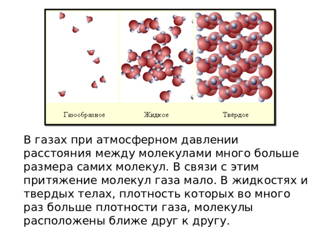 В газах при атмосферном давлении расстояния между молекулами много больше размера самих молекул. В связи с этим притяжение молекул газа мало. В жидкостях и твердых телах, плотность которых во много раз больше плотности газа, молекулы расположены ближе друг к другу. 