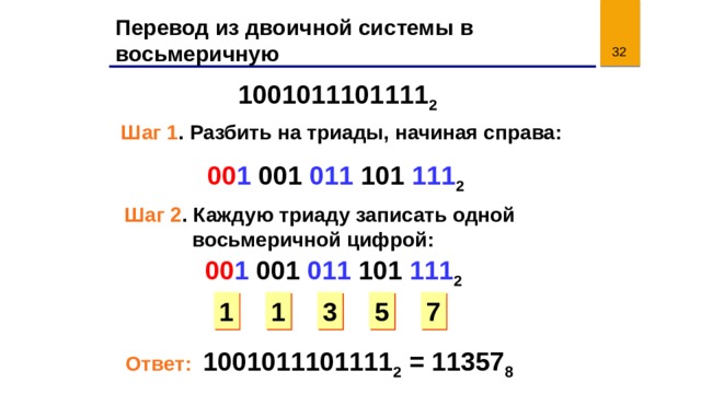 Перевод из двоичной системы в восьмеричную 31 1001011101111 2 Шаг 1 . Разбить на триады, начиная справа: 00 1 001 011 101 111 2 Шаг 2 . Каждую триаду записать одной  восьмеричной цифрой: 00 1 001 011 101 111 2 1 3 5 7 1 Ответ: 1001011101111 2 = 11357 8 31 