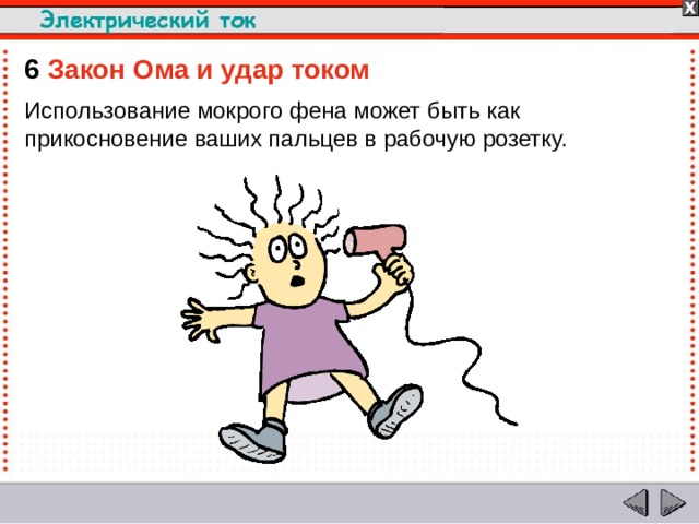 6  Закон Ома и удар током Использование мокрого фена может быть как прикосновение ваших пальцев в рабочую розетку.  