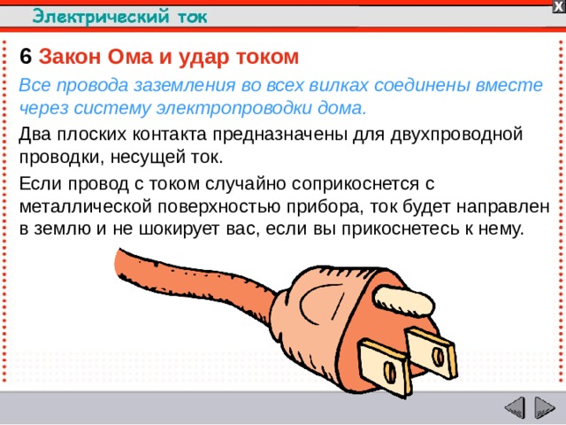 6  Закон Ома и удар током Все провода заземления во всех вилках соединены вместе через систему электропроводки дома. Два плоских контакта предназначены для двухпроводной проводки, несущей ток. Если провод с током случайно соприкоснется с металлической поверхностью прибора, ток будет направлен в землю и не шокирует вас, если вы прикоснетесь к нему.  