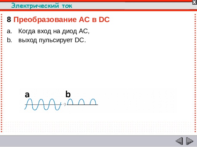 8  Преобразование AC в DC Когда вход на диод AC, выход пульсирует DC.  