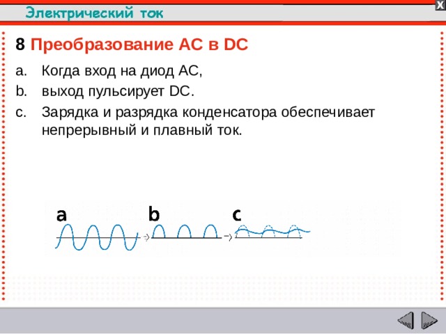 8  Преобразование AC в DC  Когда вход на диод AC, выход пульсирует DC. Зарядка и разрядка конденсатора обеспечивает непрерывный и плавный ток.  