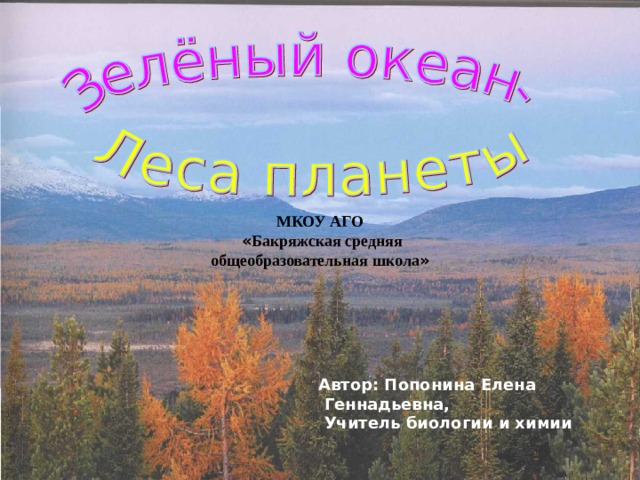 МКОУ АГО  « Бакряжская средняя общеобразовательная школа » Автор: Попонина Елена  Геннадьевна,  Учитель биологии и химии 