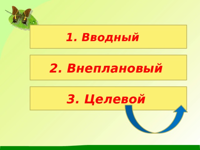  1. Вводный  2. Внеплановый   3. Целевой 