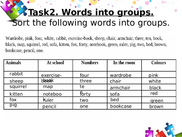 Task2. Words into groups.  Sort the following words into groups. rabbit four pink wardrobe exercise-book book three sheep white chair ten squirrel map armchair black red kitten sofa forty notebook fox bed two ruler green pig one bookcase pencil brown 