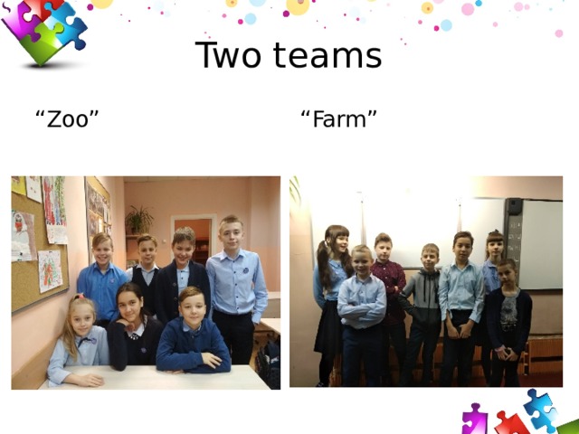 Two teams “ Zoo” “ Farm” 