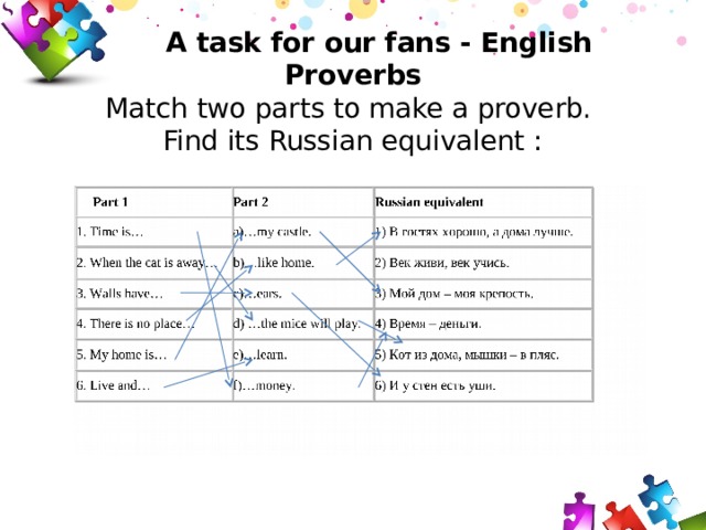  A task for our fans - English Proverbs  Match two parts to make a proverb.  Find its Russian equivalent : 