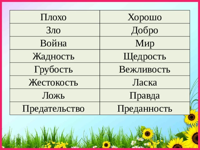 Плохо Хорошо Зло Добро Война Мир Жадность Щедрость Грубость Вежливость Жестокость Ласка Ложь Правда Предательство Преданность 