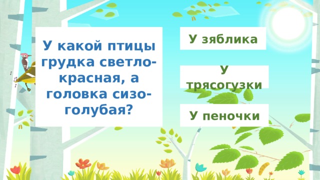 У зяблика У какой птицы грудка светло-красная, а головка сизо-голубая? У трясогузки У пеночки 