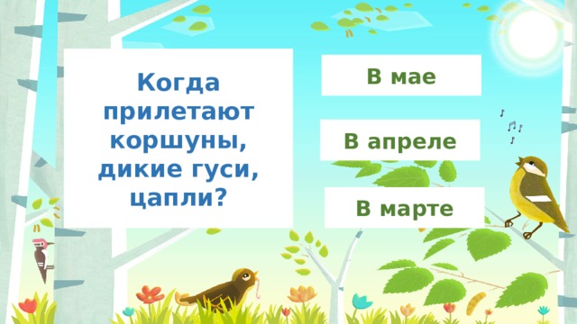 Когда прилетают коршуны, дикие гуси, цапли? В мае В апреле В марте 