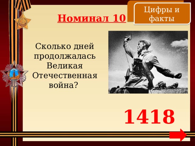    Цифры и факты Номинал 10 Сколько дней продолжалась Великая Отечественная война? 1418 