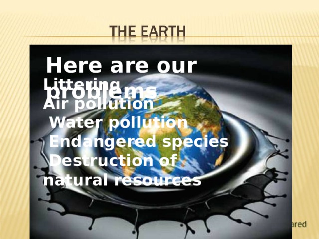 Here are our problems Littering Air pollution  Water pollution  Endangered species  Destruction of natural resources  