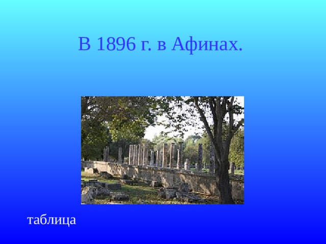 В 1896 г. в Афинах.  таблица 