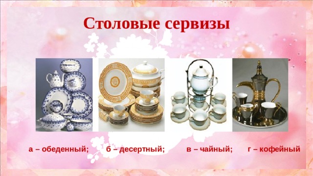 Столовые сервизы  а – обеденный; б – десертный; в – чайный; г – кофейный 