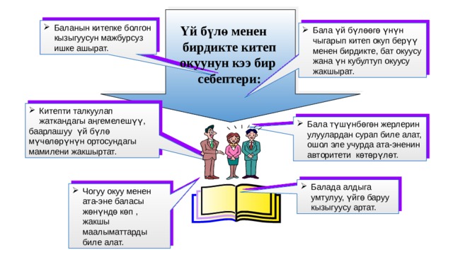 Баланын китепке болгон кызыгуусун мажбурсуз ишке ашырат. Үй бүлө менен бирдикте китеп окуунун кээ бир себептери: Бала үй бүлөөгө үнүн чыгарып китеп окуп берүү менен бирдикте, бат окуусу жана үн кубултуп окуусу жакшырат. Китепти талкуулап жаткандагы аңгемелешүү, баарлашуу үй бүлө мүчөлөрүнүн ортосундагы мамилени жакшыртат. Бала түшүнбөгөн жерлерин улуулардан сурап биле алат, ошол эле учурда ата-эненин авторитети көтөрүлөт. Балада алдыга умтулуу, үйгө баруу кызыгуусу артат. Чогуу окуу менен ата-эне баласы жөнүндө көп , жакшы маалыматтарды биле алат. 