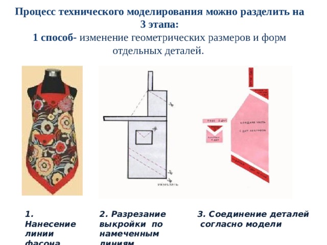 Процесс технического моделирования можно разделить на 3 этапа:  1 способ- изменение геометрических размеров и форм отдельных деталей.   1. Нанесение линии фасона 2. Разрезание выкройки по намеченным линиям 3. Соединение деталей  согласно модели 