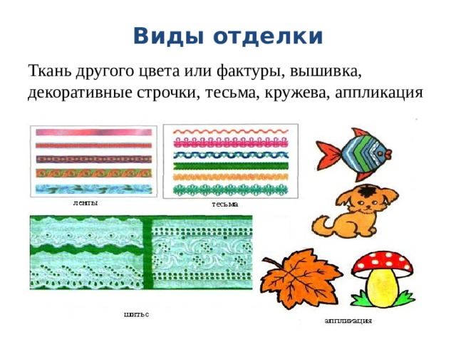 Виды отделки Ткань другого цвета или фактуры, вышивка, декоративные строчки, тесьма, кружева, аппликация 