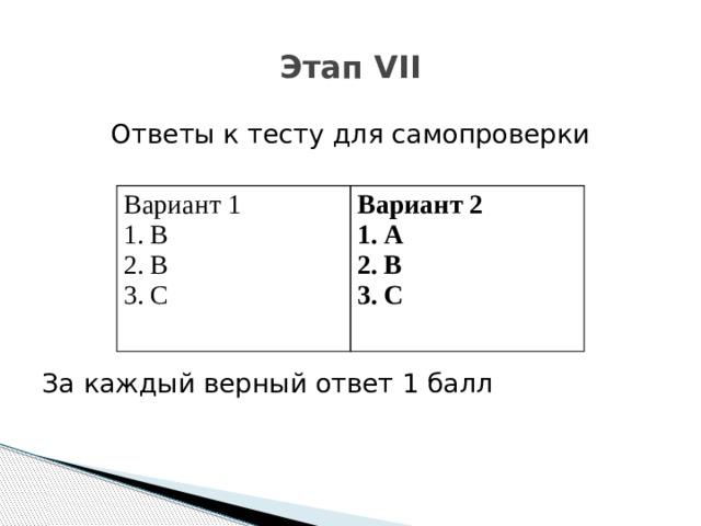 Этап VII Ответы к тесту для самопроверки За каждый верный ответ 1 балл Вариант 1 В В С Вариант 2