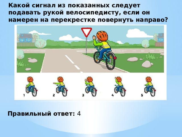 Какой сигнал из показанных следует подавать рукой велосипедисту, если он намерен на перекрестке повернуть направо? Правильный ответ: 4 