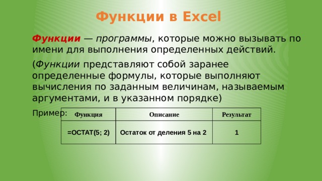 Функции в Excel  Функции  — программы , которые можно вызывать по имени для выполнения определенных действий. ( Функции  представляют собой заранее определенные формулы, которые выполняют вычисления по заданным величинам, называемым аргументами, и в указанном порядке) Пример:   Функция =ОСТАТ(5; 2) Описание Результат Остаток от деления 5 на 2 1 Формулы могут включать функции. Функции могут вводиться в  таблицу в составе формул либо отдельно. Функцию так же, как и число, можно считать частным случаем формулы.  