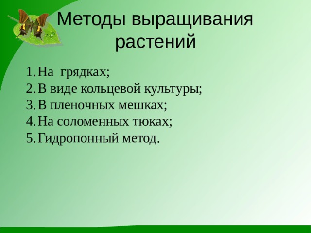 Методы выращивания растений На грядках; В виде кольцевой культуры; В пленочных мешках; На соломенных тюках; Гидропонный метод. 