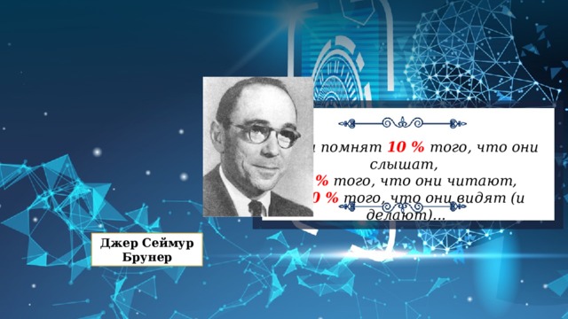 Люди помнят 10 % того, что они слышат, 30 % того, что они читают,  и 70 % того, что они видят (и делают)... Джер Сеймур Брунер 
