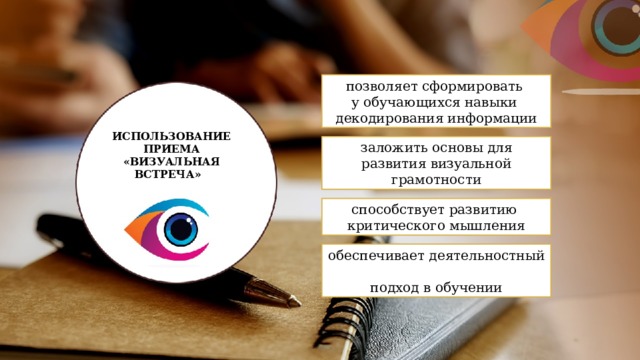 позволяет сформировать  у обучающихся навыки  декодирования информации ИСПОЛЬЗОВАНИЕ ПРИЕМА  «ВИЗУАЛЬНАЯ ВСТРЕЧА»   заложить основы для развития визуальной грамотности способствует развитию  критического мышления обеспечивает деятельностный  подход в обучении 