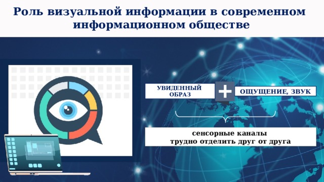 Роль визуальной информации в современном  информационном обществе УВИДЕННЫЙ ОБРАЗ ОЩУЩЕНИЕ, ЗВУК сенсорные каналы  трудно отделить друг от друга 