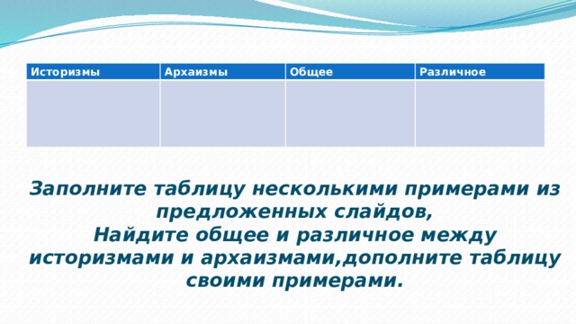 Историзмы Архаизмы Общее Различное Заполните таблицу несколькими примерами из предложенных слайдов, Найдите общее и различное между историзмами и архаизмами,дополните таблицу своими примерами.  