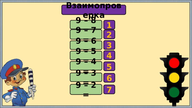 Взаимопроверка 1 9 – 8 = 9 – 7 = 2 3 9 – 6 = 4 9 – 5 = 9 – 4 = 5 9 – 3 = 6 9 – 2 = 7 