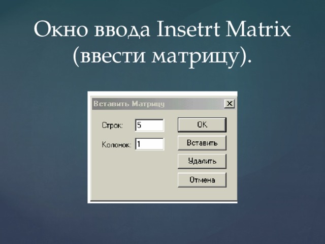 Окно ввода Insetrt Matrix (ввести матрицу). 