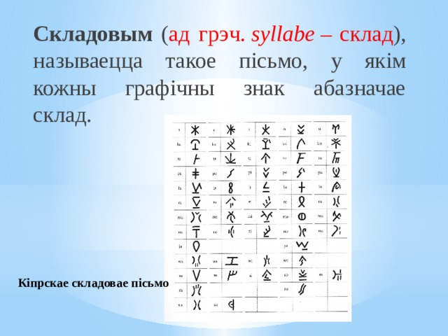 Складовым ( ад грэч.  syllabe  – склад ), называецца такое пісьмо, у якім кожны графічны знак абазначае склад.  Кіпрскае складовае пісьмо 