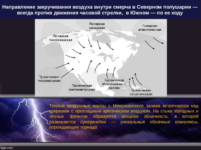 Направление закручивания воздуха внутри смерча в Северном полушарии — всегда против движения часовой стрелки, в Южном — по ее ходу Теплые воздушные массы с Мексиканского залива встречаются над прериями с прохладным арктическим воздухом. На стыке холодных и теплых фронтов образуется мощная облачность, в которой развиваются суперячейки — уникальные облачные комплексы, порождающие торнадо 