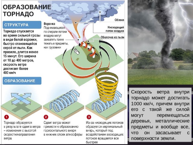 Скорость ветра внутри торнадо может достигать 1000 км/ч, причем внутри его с такой же силой могут перемещаться деревья, металлические предметы и вообще все, что он засасывает с поверхности земли. 