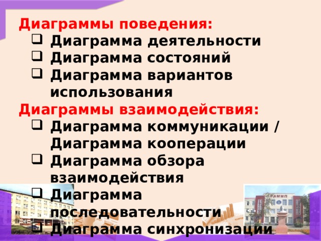 Диаграммы поведения: Диаграмма деятельности Диаграмма состояний Диаграмма вариантов использования Диаграммы взаимодействия: Диаграмма коммуникации / Диаграмма кооперации Диаграмма обзора взаимодействия Диаграмма последовательности Диаграмма синхронизации Диаграмма коммуникации / Диаграмма кооперации Диаграмма обзора взаимодействия Диаграмма последовательности Диаграмма синхронизации 