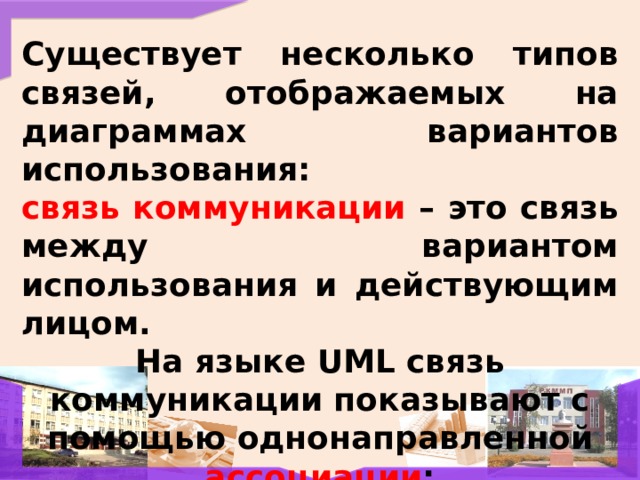 Существует несколько типов связей, отображаемых на диаграммах вариантов использования: связь коммуникации – это связь между вариантом использования и действующим лицом. На языке UML связь коммуникации показывают с помощью однонаправленной ассоциации ; 