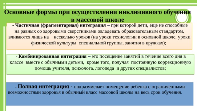  Основные формы при осуществлении инклюзивного обучения в массовой школе  - Частичная (фрагментарная) интеграция – при которой дети, еще не способные на равных со здоровыми сверстниками овладевать образовательным стандартом, вливаются лишь на несколько уроков (на уроки технологии в основной школе, уроки физической культуры специальной группы, занятия в кружках);    - Комбинированная интеграция – это посещение занятий в течение всего дня в классе вместе с обычными детьми, кроме того, получая  постоянную коррекционную помощь учителя, психолога, логопеда и других специалистов;   - Полная интеграция - подразумевает помещение ребенка с ограниченными возможностями здоровья в обычный класс массовой школы на весь срок обучения. 