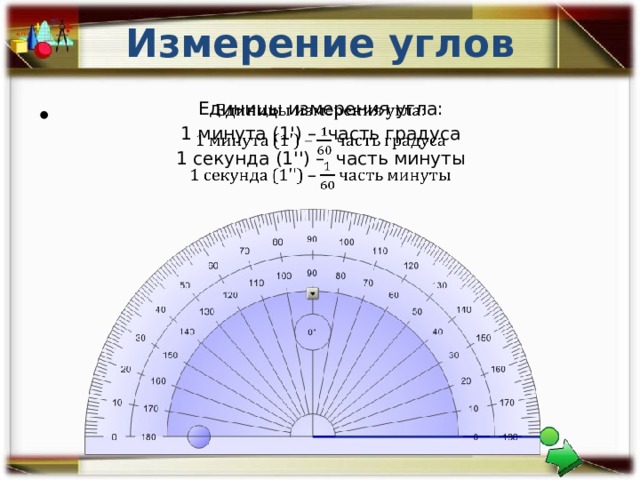 Измерение углов Единицы измерения угла:   1 минута (1') – часть градуса 1 секунда (1'') – часть минуты 
