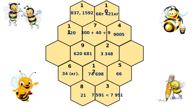 1 10 837, 1592 66т 421кг 7 4 11 300 + 40 + 9  320 9005 9 2 620 681 3 348 5 12 6 34 (кг). 66 74 698 3 8 7 591  21