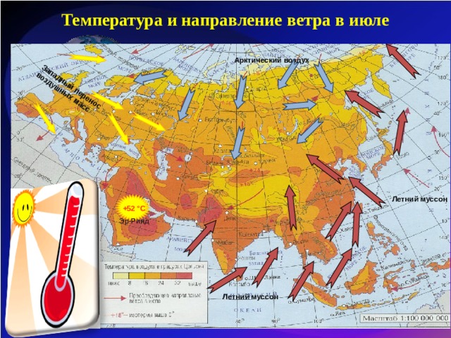 Температура и направление ветра в июле Западный перенос воздушных масс Арктический воздух Летний муссон +52 °С Эр-Рияд Летний муссон 