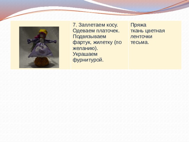 7. Заплетаем косу. Одеваем платочек. Подвязываем фартук, жилетку (по желанию). Украшаем фурнитурой. Пряжа ткань цветная ленточки тесьма. 