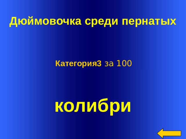  Дюймовочка среди пернатых  Категория3 за 100 колибри Welcome to Power Jeopardy   © Don Link, Indian Creek School, 2004 You can easily customize this template to create your own Jeopardy game. Simply follow the step-by-step instructions that appear on Slides 1-3.  