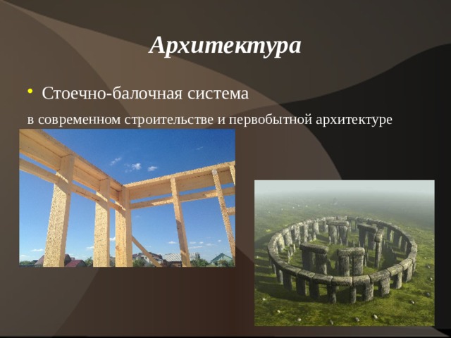 Архитектура Стоечно-балочная система в современном строительстве и первобытной архитектуре 